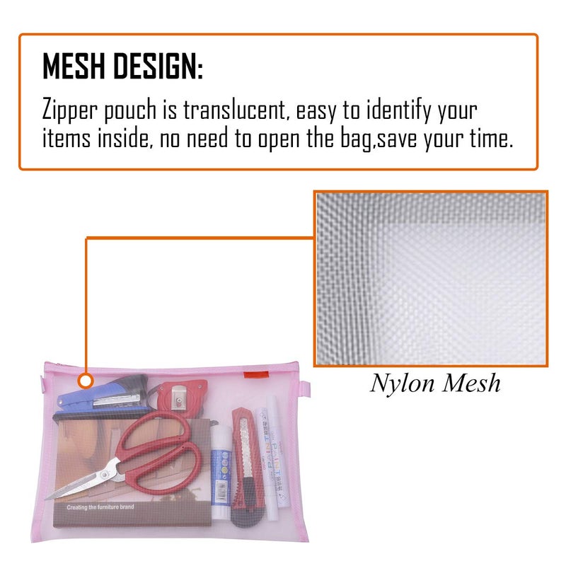 Pendancy Mesh Zipper Pouch 5pcs Lightweight Nylon File Folders Document Organizer Cosmetic Bags Accessories Storage for Travel and Office Supplies(Pink, A4 A5 A6) - Image 5